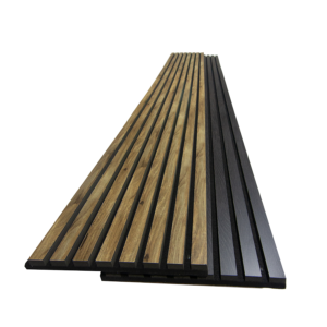 Close up of our Acoustic Slat Wood Wall Panels in light and dark brown