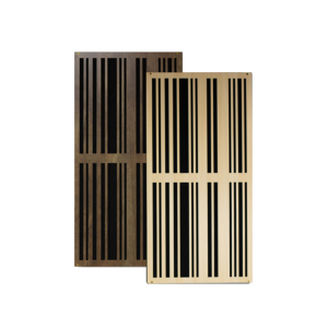 A pair of slat sound diffuser panels showcased in dark brown and light brown wood.
