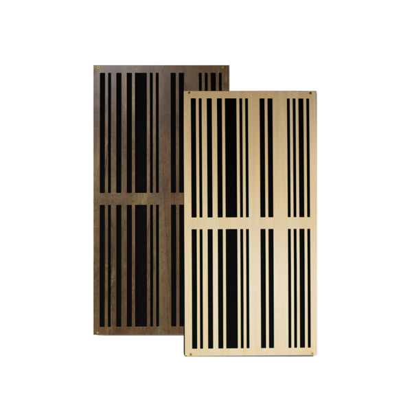 A pair of slat sound diffuser panels showcased in dark brown and light brown wood.