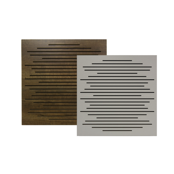 Brown and gray acoustic foam diffuser panel with soundwave wooden scatter plate